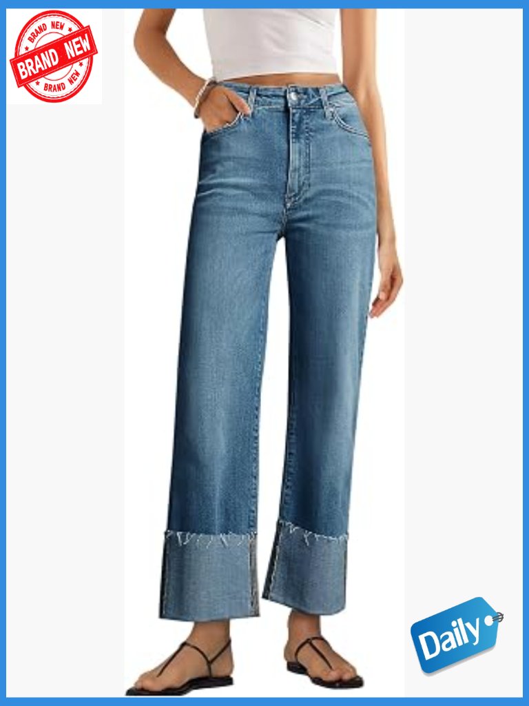 Wide Leg High Waisted Straight Leg Stretchy Denim Pants With Pockets